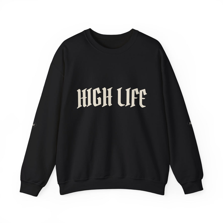 HIGH LIFE — Sudadera Gótica · Vertical · Logo